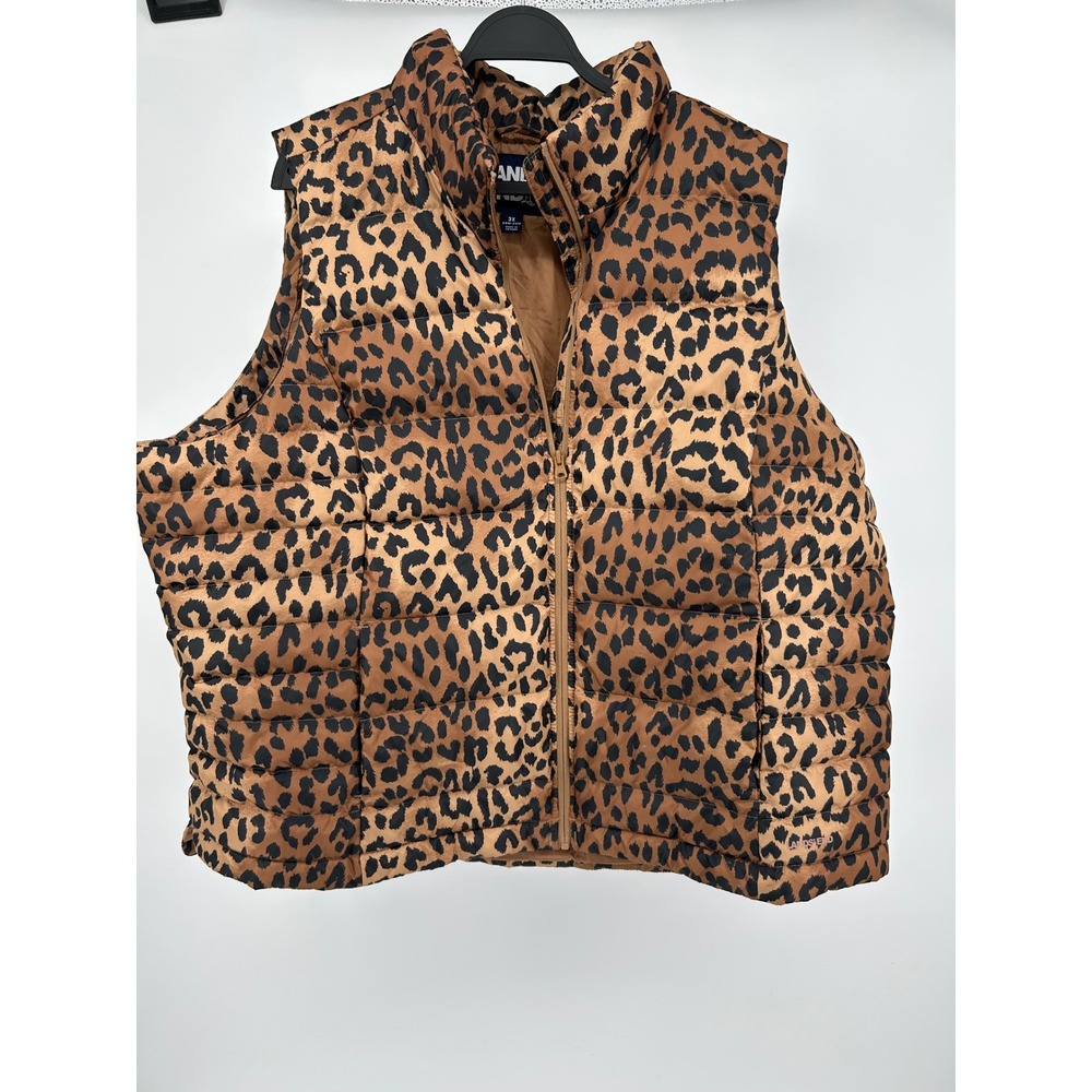 Lands End Leopard Print Puffer Vest Womens 3X Plus Brown Animal Down Insulated